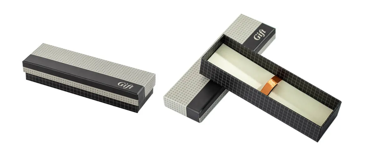 Black card coated small rigid top bottom box with foam insert for pen