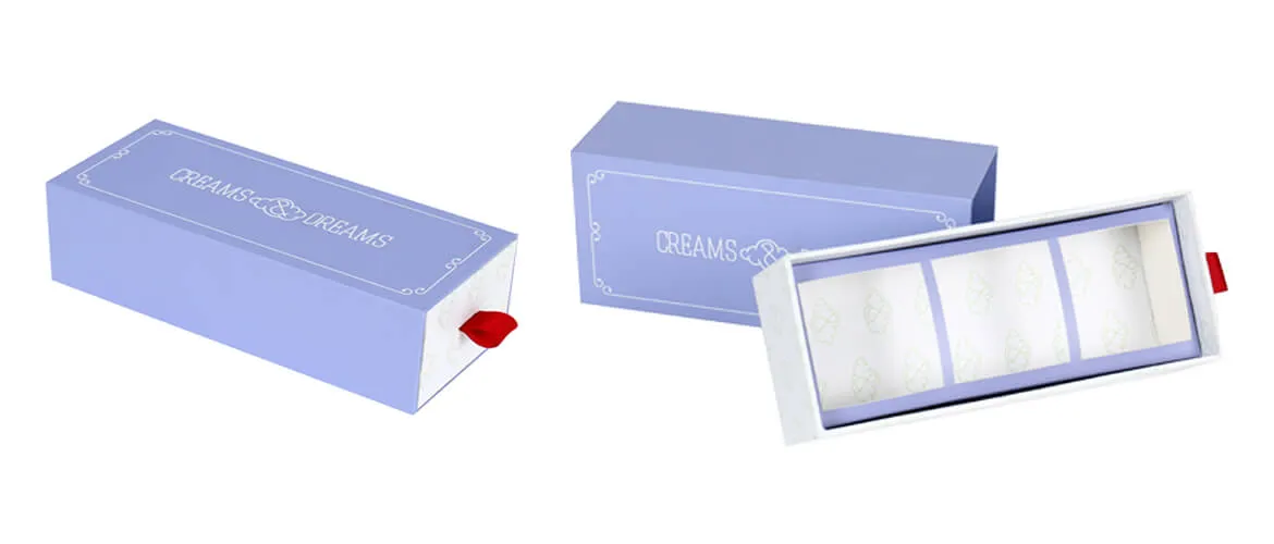 Cardboard paper drawer style packaging boxes with silver card insert