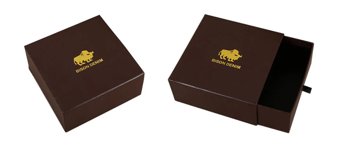Drawer gift box with two sides specialty textured paper coated and gold foil logo