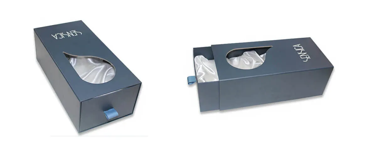 Drawer packaging with cut shape window and ribbon liner