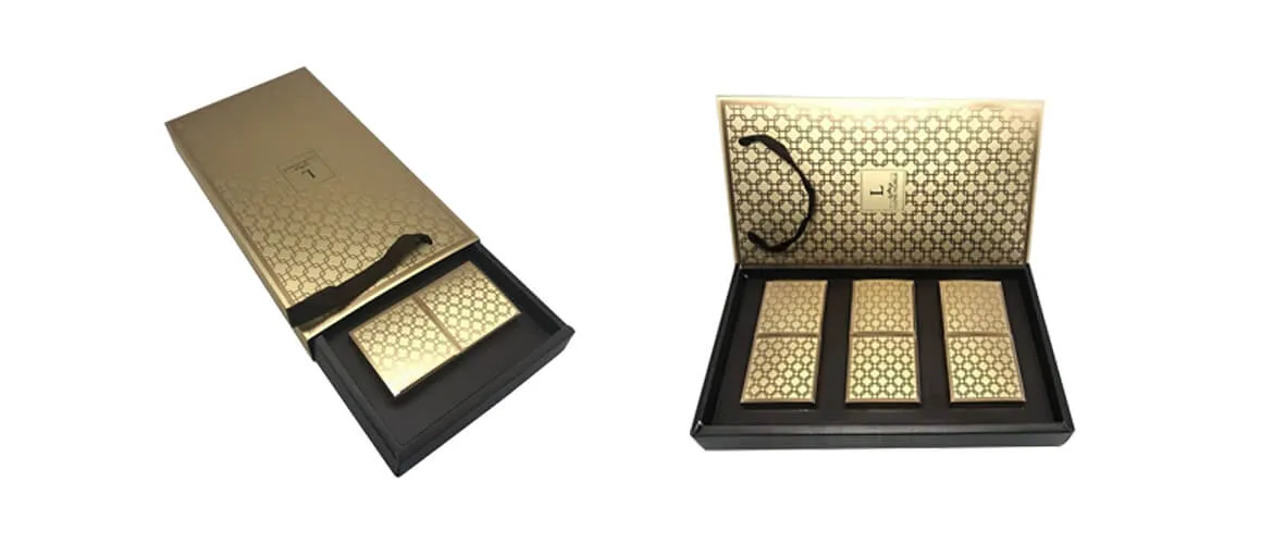 Gold color luxury rigid drawer box with paper divider inserts