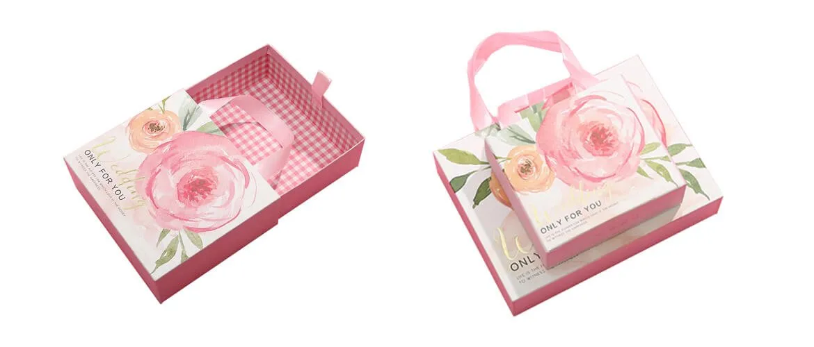 Pink color decorated drawer gift box with silk handle