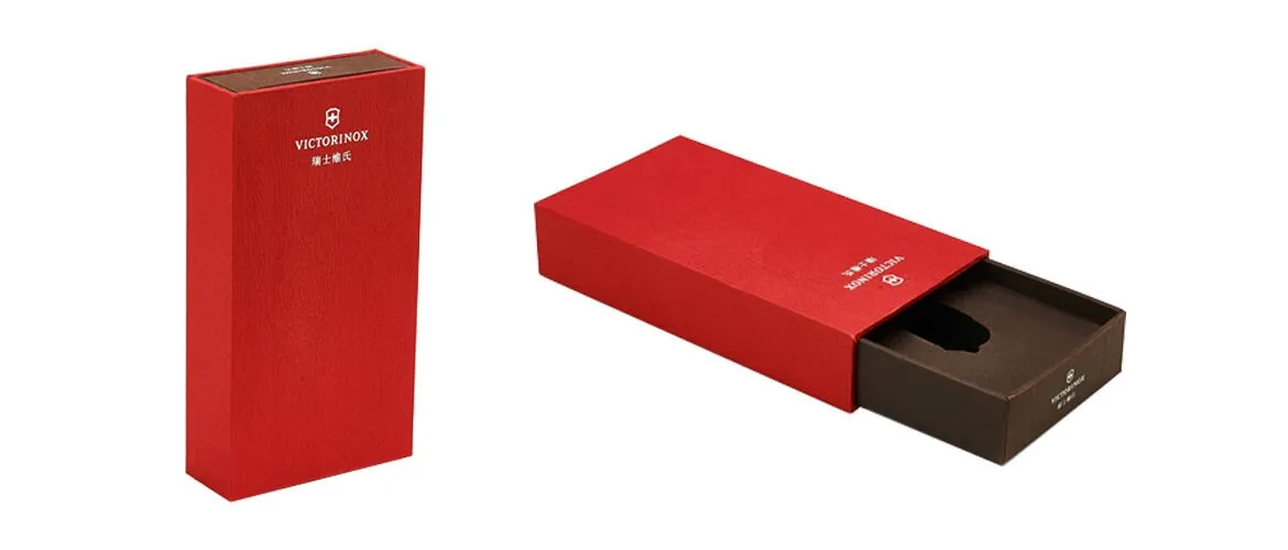 Red textured paper drawer box with gold stamping logo