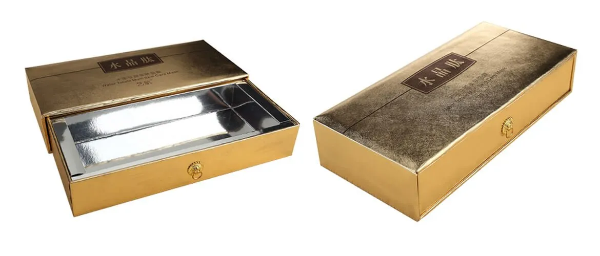 Rigid drawer gift box made with specialty paper and silver card insert