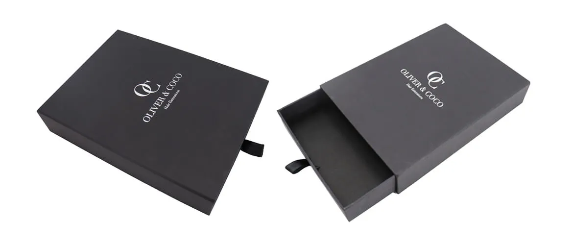 Silver foiled Stamping logo rigid drawer style boxes with ribbon insert