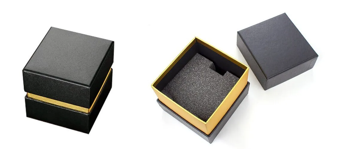 Three piece top and bottom style box exposed neck coated with gold paper