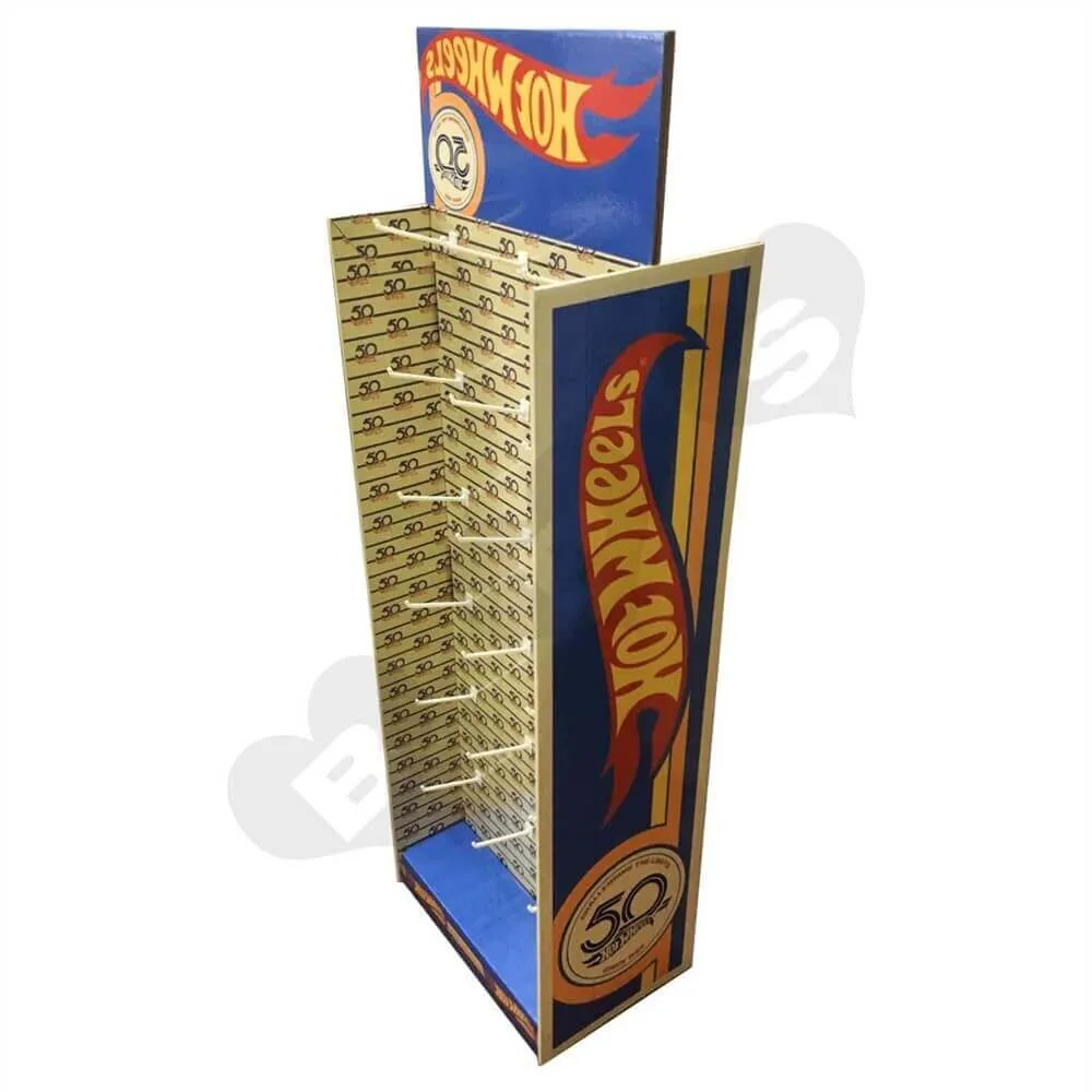 Custom Corrugated Hot Wheels Floor Stand with Hooks Sideview Three