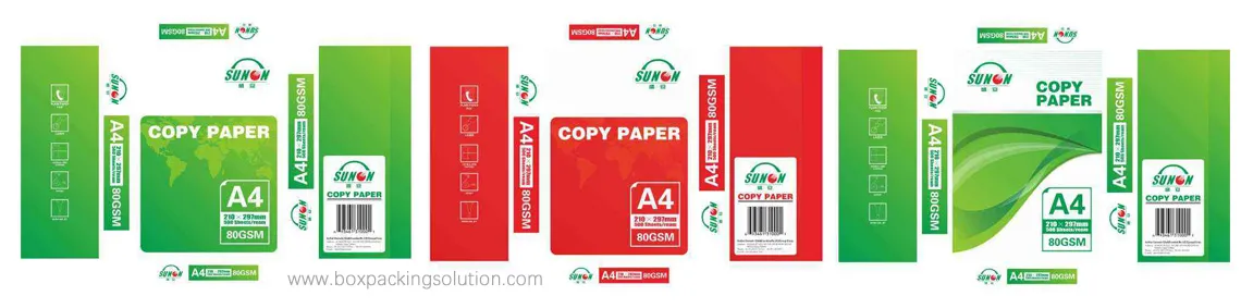 Plantilla de diseño de envoltorios de resma de papel de copia A4 impreso personalizado