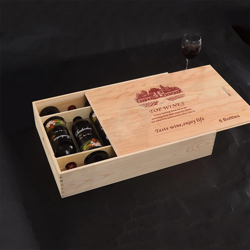Custom Printing Wooden Wine Box With Sliding Cover Side View Four