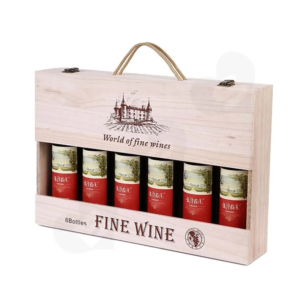 Custom Silk cPrinting Wooden Box For Six Pack Wine Side View One