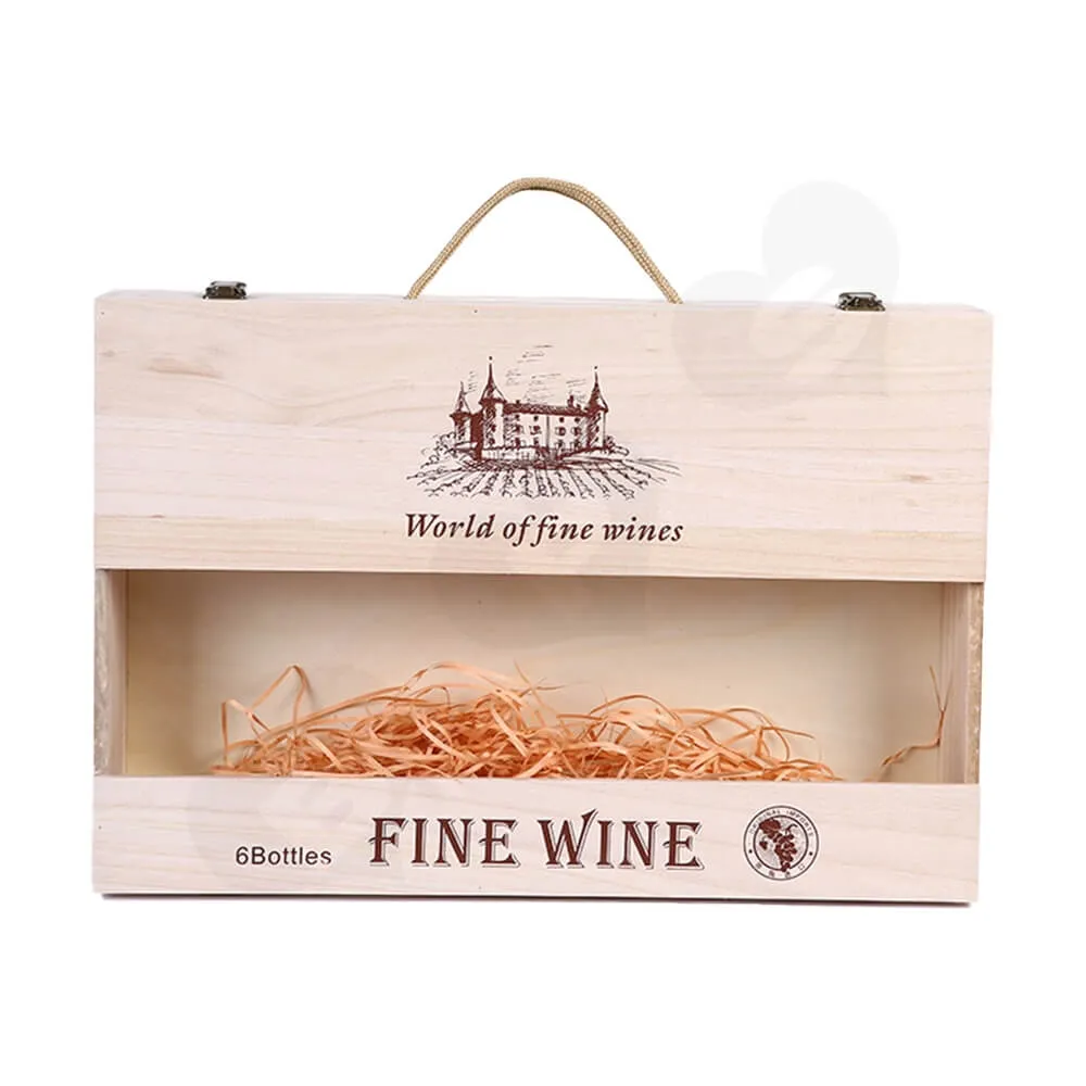 Custom Silk Screen Printing Wooden Box For Six Pack Wine Side View Three