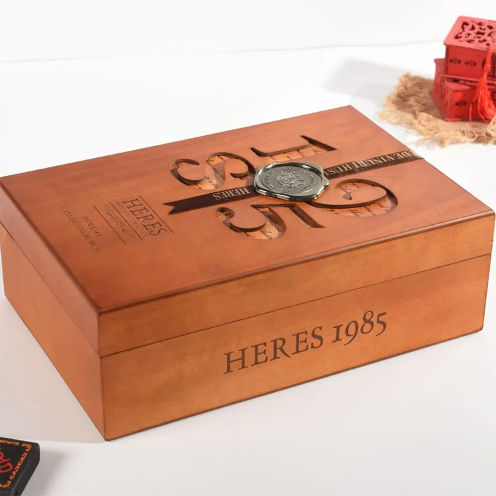 Custom Wooden Box With Cut Out Logo And Velvet Cushion Side View Three