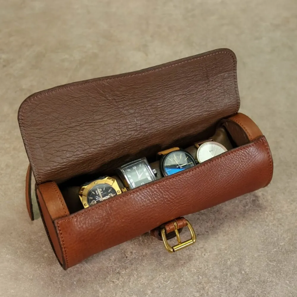 Round Leather Made Watch Organizer Box Side View Four