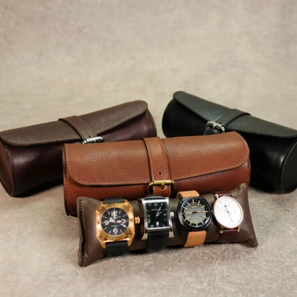 Round Leather Made Watch Organizer Box Side View One