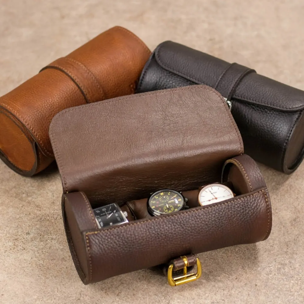 Round Leather Made Watch Organizer Box Side View Three
