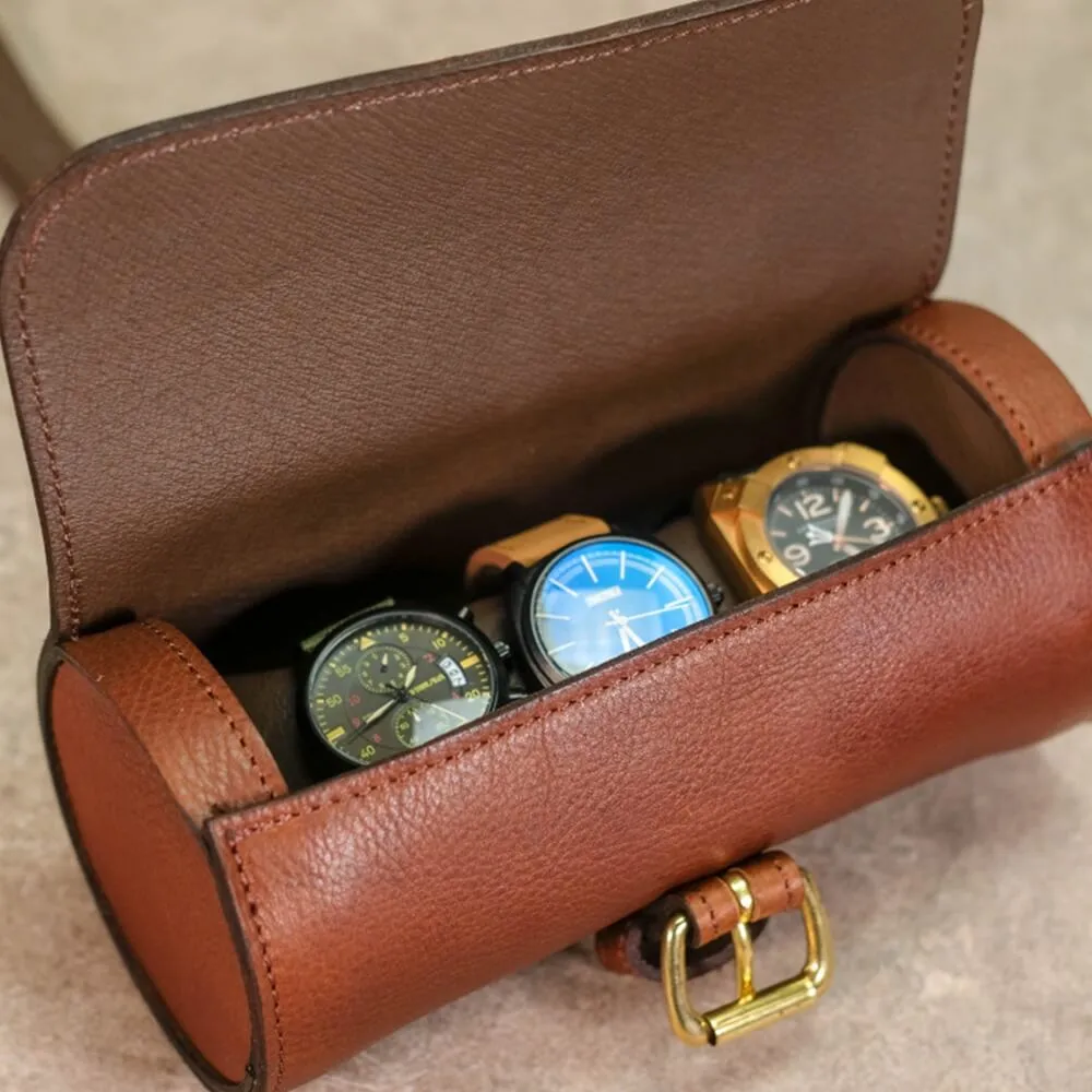 Round Leather Made Watch Organizer Box Side View Two